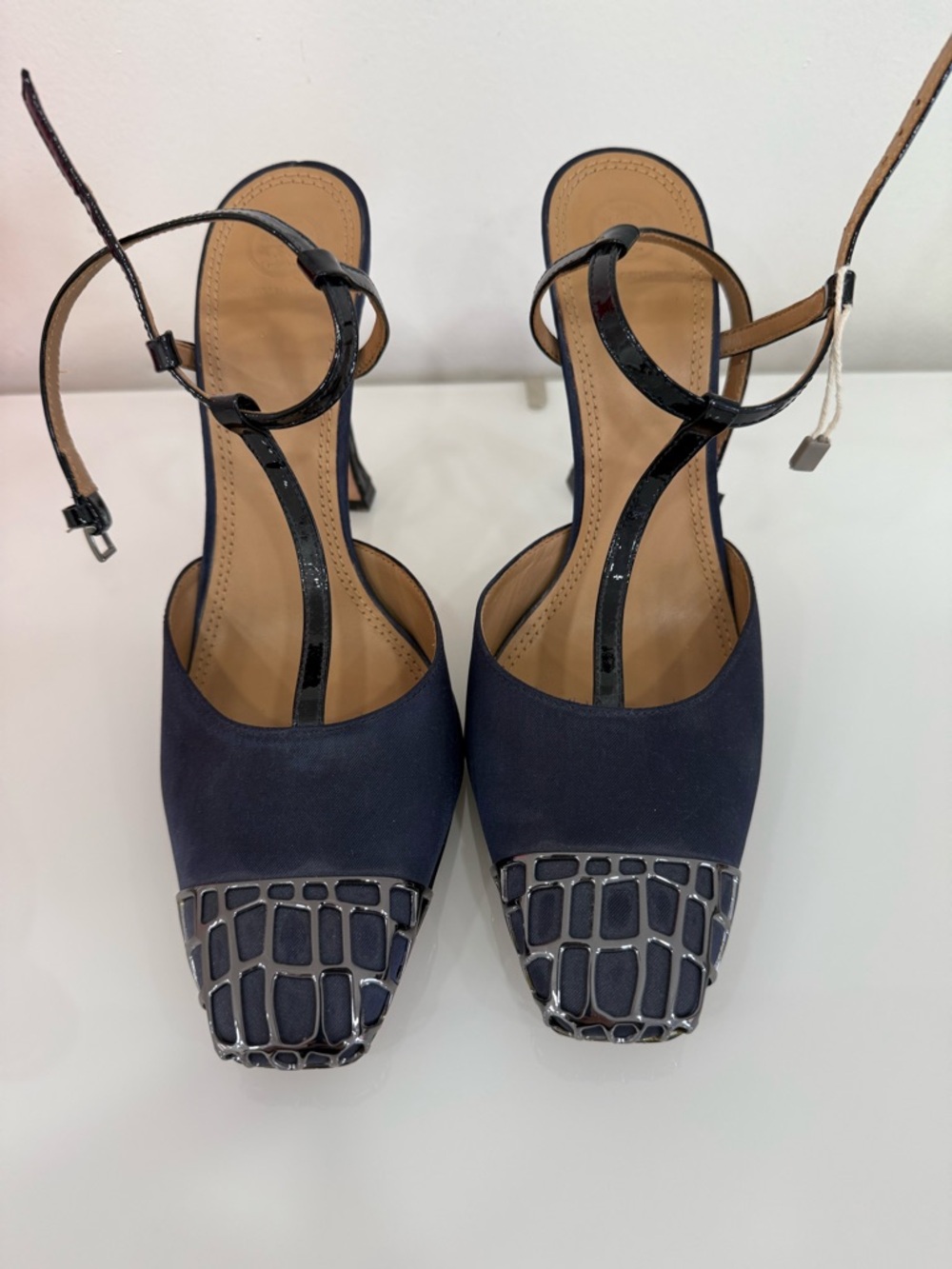 Tory Burch Navy Heels with Black Patent Croc-Effect Toe